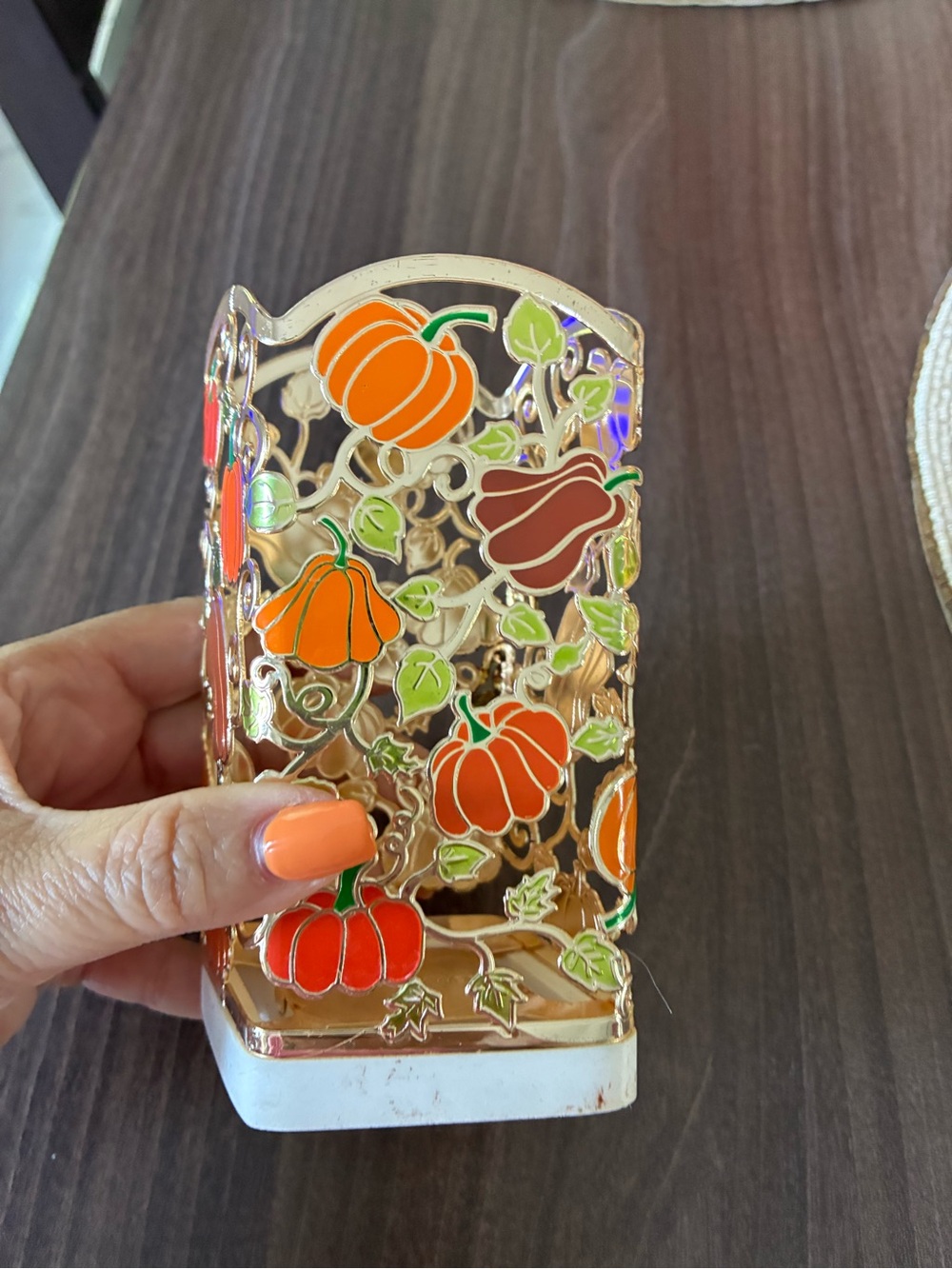 Bath & Body Works Orange and Green Pumpkin Metal Votive Holder